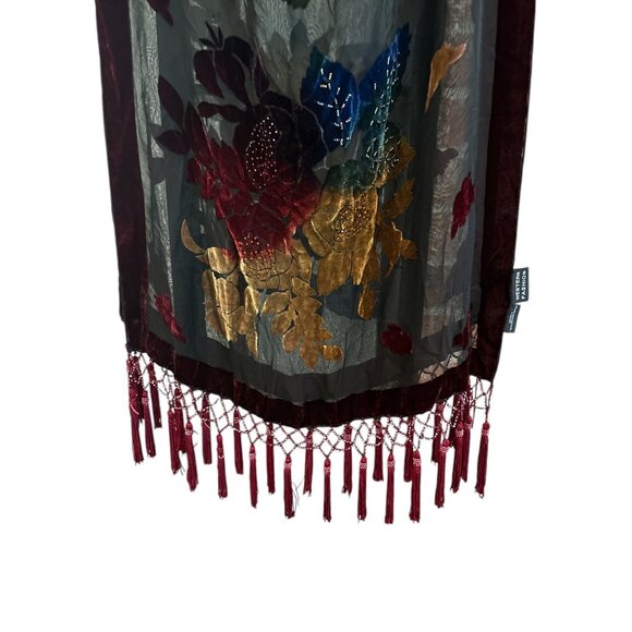 Floral Velvet Sheer Scarf With Tassels - Western Fashion 30% Silk 70% Viscose - Picture 5 of 7